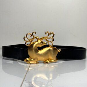 Vtg Doreen Ryan (DP98) Gold Figural Stag Deer Belt Buckle & Black Leather Strap